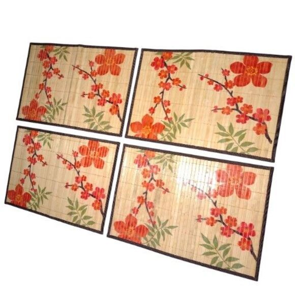 Set of 4 Placemats Asian Style Bamboo Cherry Blossoms Border Japanese 13x19" - Picture 2 of 11